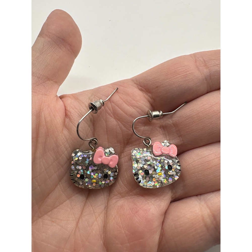 Sanrio Hello Kitty Glitter Resin Drop Earrings Pink Bow Silver Tone 2014 J548